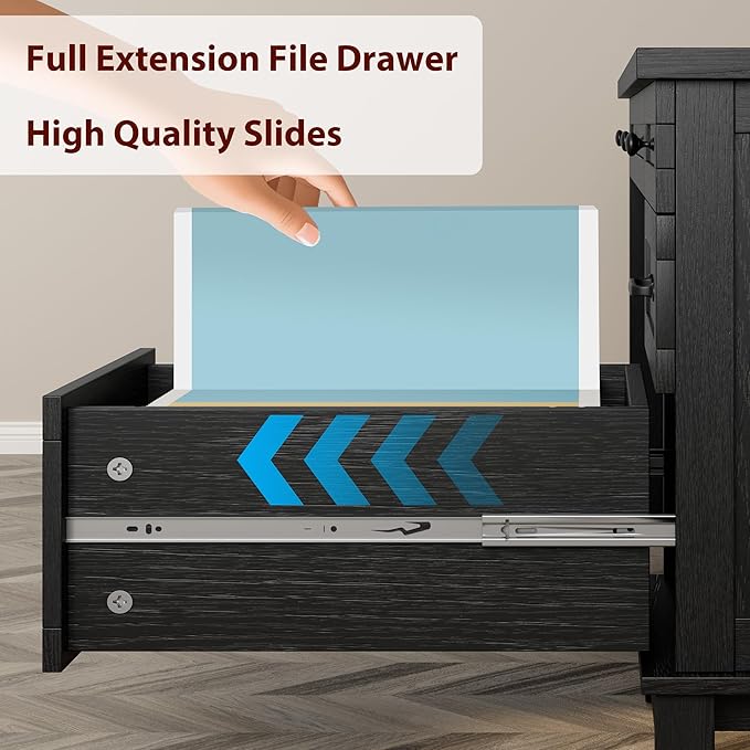IDEALHOUSE Rustic Wood Double Desk with Built-in Charging Station &amp 4 File Drawers Spacious 2-Person Writing Table for Home Office Heavy-Duty Dual Workstation for Study &amp Work Black