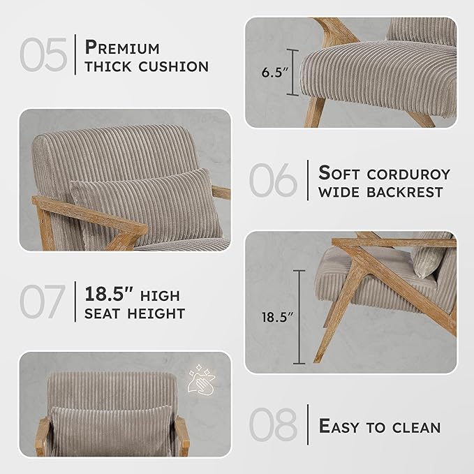 Lexicon Mid Century Modern Accent-Chair with Lumbar Pillow Brown Solid Wood Frame Comfy Corduroy Upholstered Lounge Arm Chair for Living Room/Bedroom/Office/Reading Nook Assembly Required Taupe