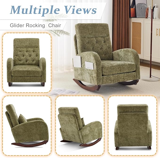 VINGLI Chenille Low Seat Rocking ChairUpholstered Nursery Glider Chair with Side PocketsAccent Arm Chair with High BackrestComfy Head RestSolid Woodfor Living Room Bedroom BalconyOlive Green
