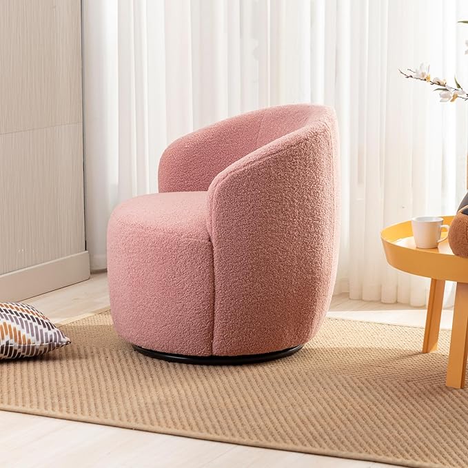 Swivel Barrel Accent Chair 360° Swivel Chair with Black Powder Coating Metal Ring Small Leisure Chair Single Sofa Chair for Living Room Hotel Bedroom Office Coffee Shop (Pink + Wool)