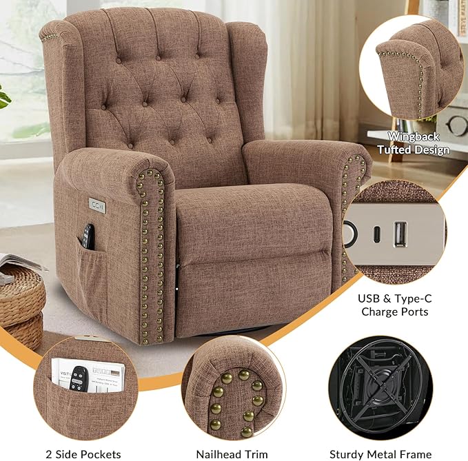 Power Swivel Rocking Glider Recliner Chair Electric Nursery Reclining Sofa Chair with Heat and Massage Wingback Tufted Upholstered Recliner for Living Room USB and Type-C Ports Brown