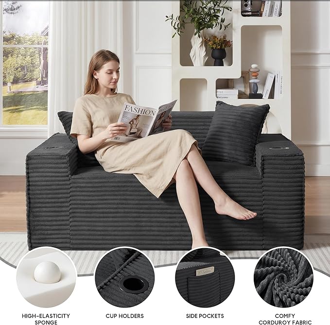 Boneless Sectional Sofa Couch with Cup Holders &amp Side Pockets Modern Corduroy Fabric Deep Seat Loveseat Cloud Couch for Living Room Office No Assembly (Grey)