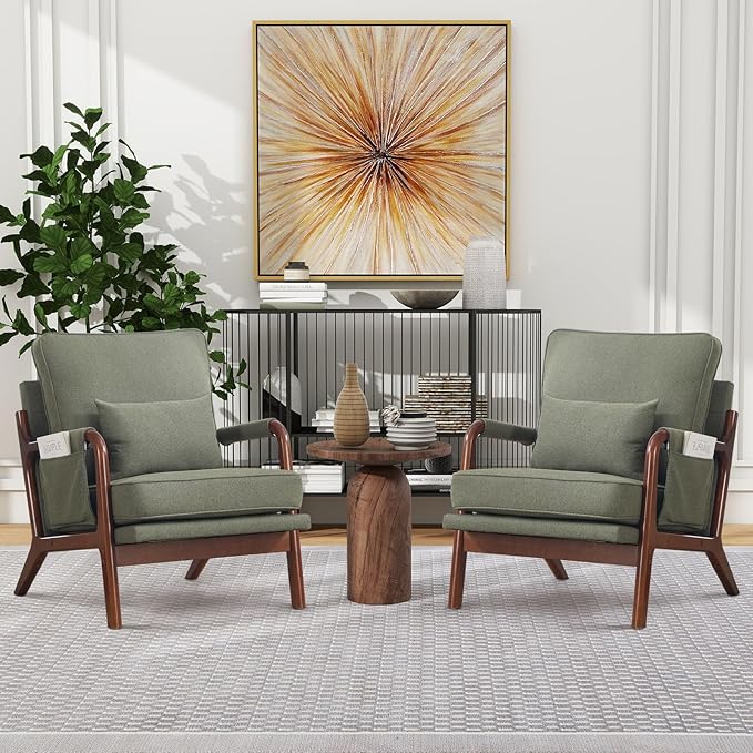 ANJ Mid Century Modern Accent Chair Set of 2 Lounge Reading Armchair with Extra Side Pocket &amp Detachable Cushion Comfy Fabric Accent Chairs for Living Room Bedroom Green