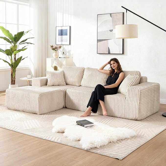 101.5'' Modular Sectional Sofa Cloud Sectional Couch with Deep Seat Comfy Fluffy L Shaped Couches Memory Foam Sofa with 1 Ottoman Corduroy Boneless Couch No Assembly Required Beige