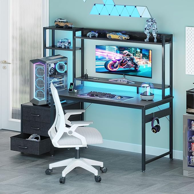 Casaottima 48 Inch Gaming Desk with Hutch &amp 3 Fabric Drawers Computer Desk with USB Ports &amp LED Lights Reversible Pc Gamer Table with Monitor Stand for Home Office Carbon Fiber Black