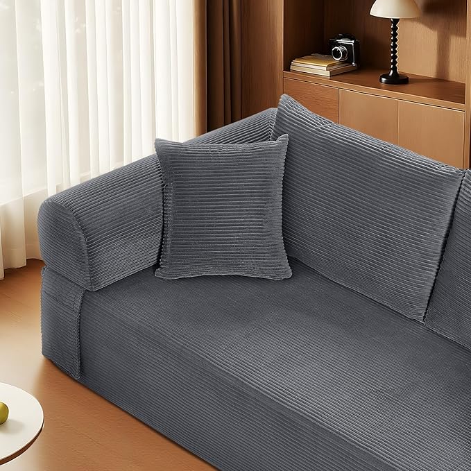 83 Sofa in a Box 3 Seater Couch No Assembly Boneless Sofa Bed with Cushion Back 2 Pillows Deep Seat Corduroy Fabric Side Storage Pockets for Living Room Bedroom Apartment Office Deep Grey