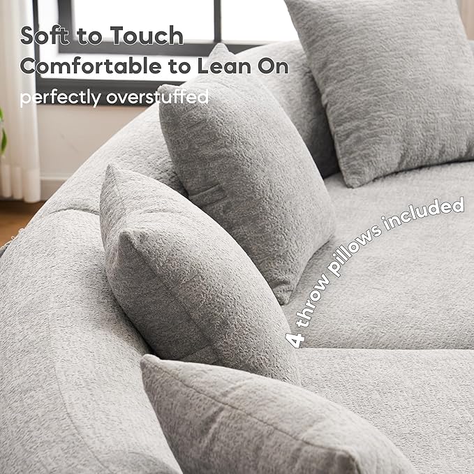Yoglad 110‘’ Boneless Curved Sofa Modern Cloud 4-Seater Floor Couch Minimalist Compression Sofa for Living Room Apartment Studio Office No Assembly Needed(Chenille Grey)