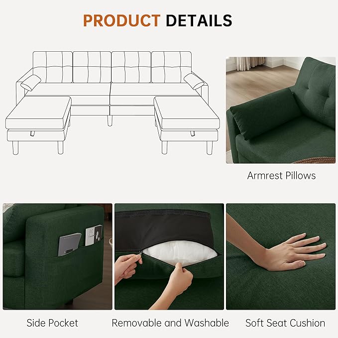 Sectional U Shape Sofa with Storage 100 U Shaped 4 Seater Couch with 2 Movable Ottoman Chaises Polyester Fibre for Living Room Green