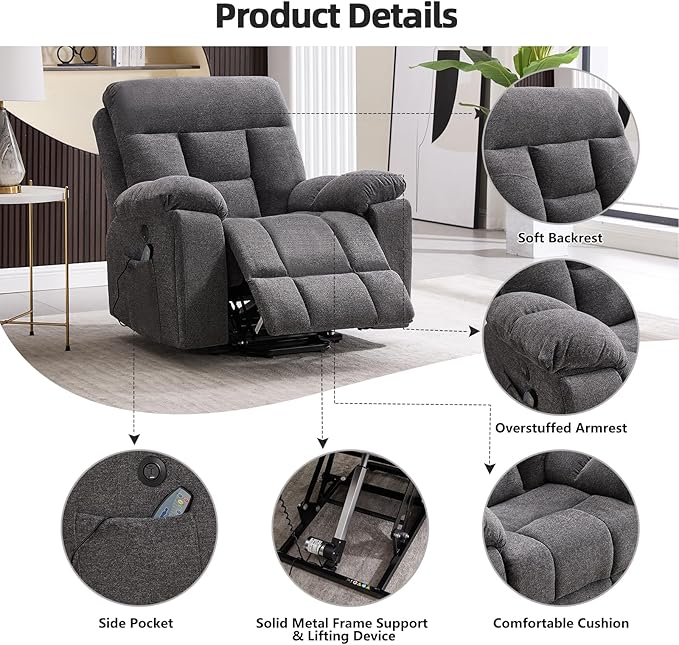 CANMOV Large Power Lift Recliner Chair with Massage and Heat for Elderly Big and Tall People Overstuffed Wide Recliners with 2 Cup Holders Side Pocket and USB Port Dark Grey