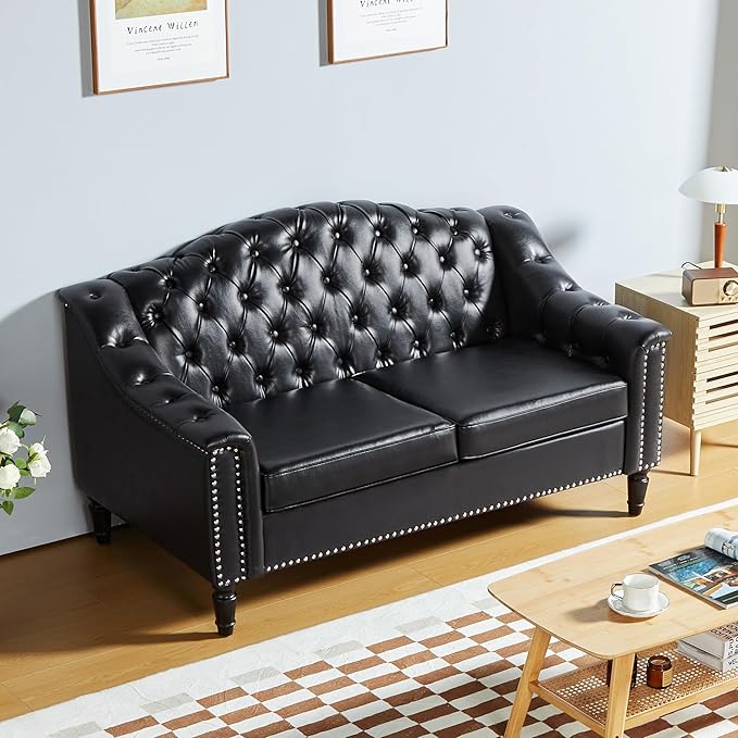 LEVNARY Chesterfield Loveseat Leather Upholstered Sofa with Button-Tufted Back Mid-Century Modern Sofa with Solid Wood Legs 2 Seater Couches for Living Room (Black)