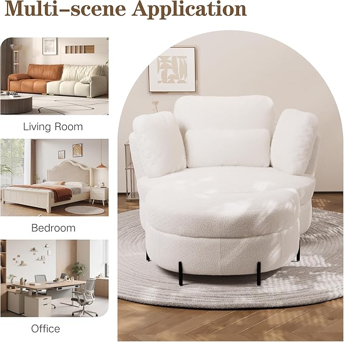 Chifee &amp Vingol Swivel Accent Chair with Ottoman 50.2 Round Swivel Chair Storage Ottoman &amp Pillows 360° Barrel Chair for Living Room Bedroom OfficeSherpaIvory