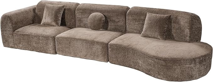 Christopher Knight Home Grelyn 140 Modular Sectional Sofa Couch Wool Fabric Boneless Cloud Couch Fully Compressed Home Sofa Living Room 3-Piece Lounge Sofa with Chaise Fully Assembled Brown