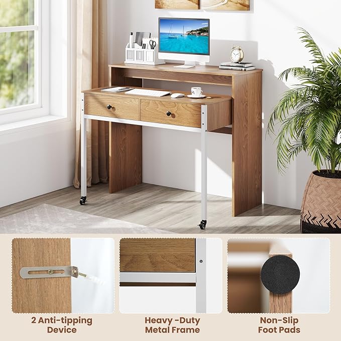 Giantex Small Computer Desk with Hutch &amp Drawers Extendable Writing Desk w/Pull Out Secondary Table Monitor Stand &amp Rolling Wheels Console Table Compact Desk for Small Spaces (Natural)