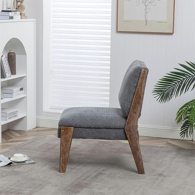 Chenille Single Accent Chair Wooden Legs Padded Upholstery High Density Foam Small Modern Armless Chair for Living Room Bedroom Dark Grey