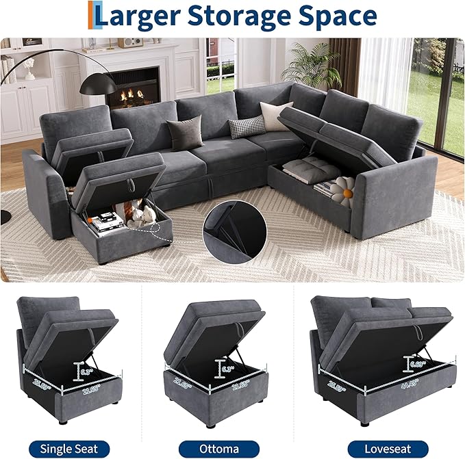 Garvee Sectional Sleeper Couch with Pull Out Sofa Bed Corduroy Modular Sectional Sofa L Shaped 5 Seat Couch with Storage Seat Sectional Couches for Living Room