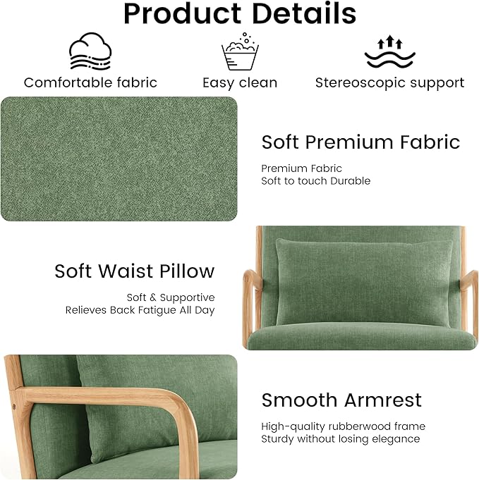 Mid Century Modern Accent Chair Set of 2 Upholstered Chair for Living Room Accent Chair with Lumbar Pillow Solid Wood Frame Reading Chair Armchair for Bedroom Small Spaces Green
