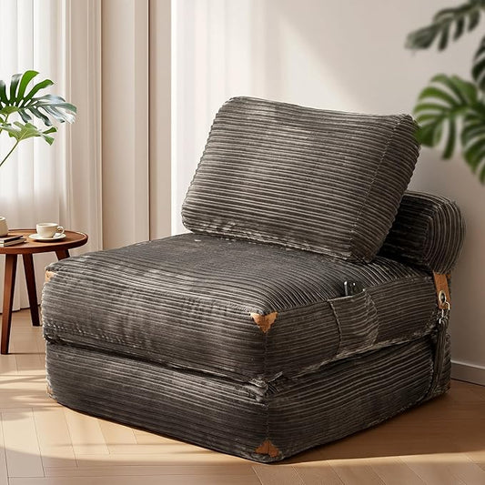 Folding Sofa Bed Convertible Sleeper Chair with Pillow Back Support Foldable Corduroy Futon Floor Couch Comfy Fold Out Chair Bed for Living Room Bedroom Dorm Grey