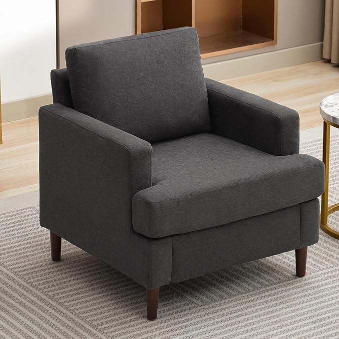 Mid-Century Accent ChairModern Linen Fabric Armchair for Living RoomComfy Upholstered Reading Accent Chairs for BedroomSingle Sofa Chair with Wood Legs (Dark Grey 1 Pack)