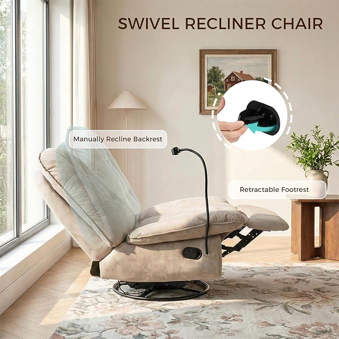 Swivel Rocker Recliner Chair for Adult Glider Nursery Rocking Chair Armless Single Recliner Sofa for Living Room Oversized &amp Overstuffed Phone Holder Included Beige