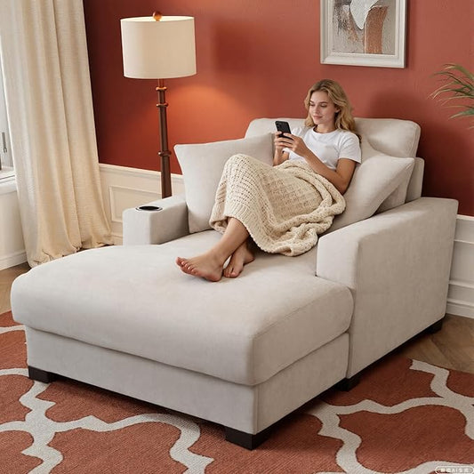 Oversized 60 Chaise Lounge Sofa Chaise Lounge Recliner with Adjustable Backrest Built-in Cup Holder USB and Type-C Port 2 Pillows Sleeper Couch with Deep Seat for Living Room Bedroom Beige