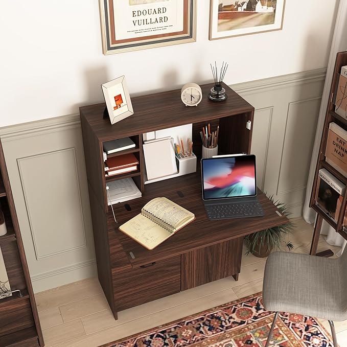 Folding Desk Cabinet with Storage Drawer &amp Shelves - Multi-Functional Space-Saving Organizer for Home Office Kitchen Dormitory - Ideal as Computer Desk Writing Station or Vanity Table