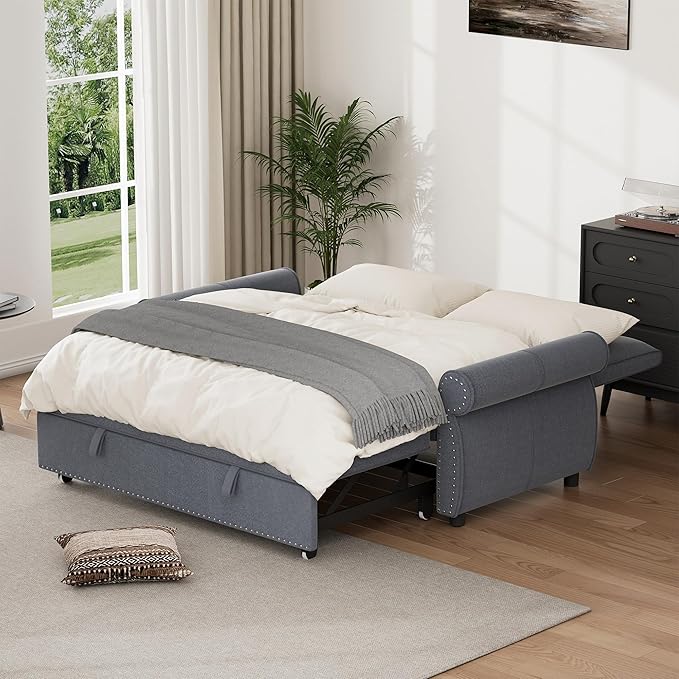 3 in 1 Sofa Bed 61 Inch Convertible Pull out Couch with Four Pillows Loveseat Sleeper Sofa with Adjustable Backrest Sofa Couches for Living Room Bedroom Apartment Chenille Fabric Grey