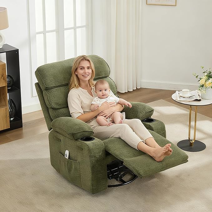 Massage Rocker Recliner with Heating360° Swivel Glider Recliner Chairs for AdultsLinen Nursery Chair with Side PocketTwo Cup Holders for Living Room Bedroom