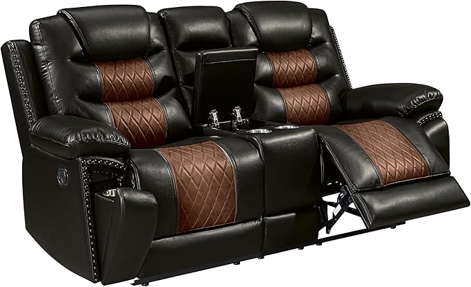 New Classic Furniture Nikko Faux Leather Manual Console Loveseat with Dual Recliners Brown