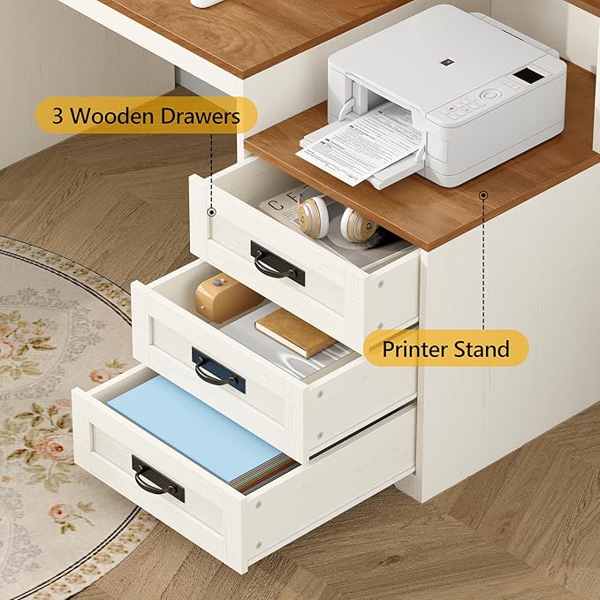 TVU Farmhouse Computer Desk with Drawers 65'' Home Office Desk with Power Outlets Storage Cabinet and Printer Stand Study Writing Desks with Long Monitor Stand Brown and White