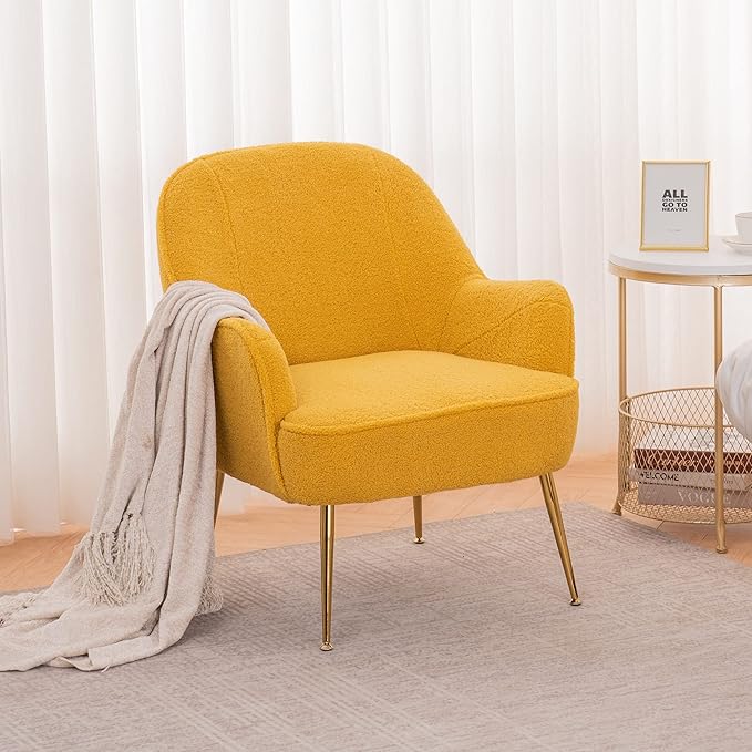Modern Soft Green Teddy Fabric White Ergonomics Accent Chair Living Room Chair Bedroom Chair Home Chair with Gold Legs and Adjustable Legs Family Room Sofa Armchair Furniture for Indoor Home (Yellow)