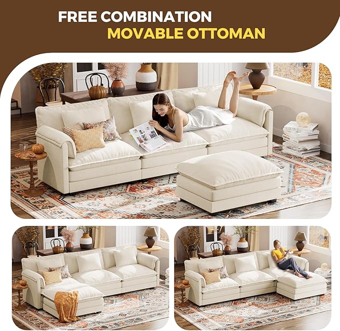 ELUCHANG 113 L Shaped Modular Sectional Couch Comfy 4-Seat Cloud Couch with Movable Ottoman Deep Seat Sofa Couches for Living Room Apartment DIY Combination Chenille Beige