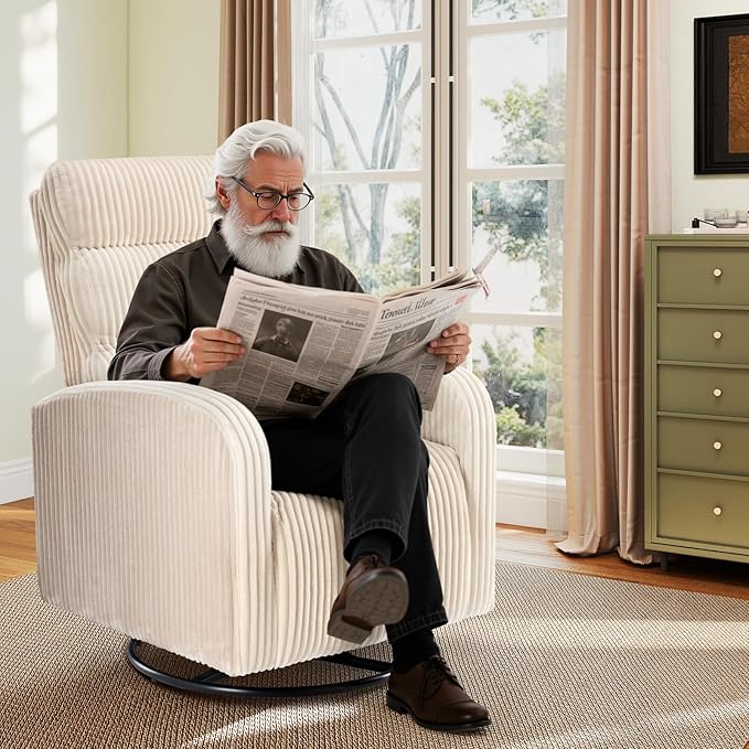 DUMOS 360°Swivel Nursery Chair Comfy Chair for Bedroom Rocking Chair with Thickened Seat Cushion High Back Sofa Chairs for Living Room Nursery Room and Reading Room Beige