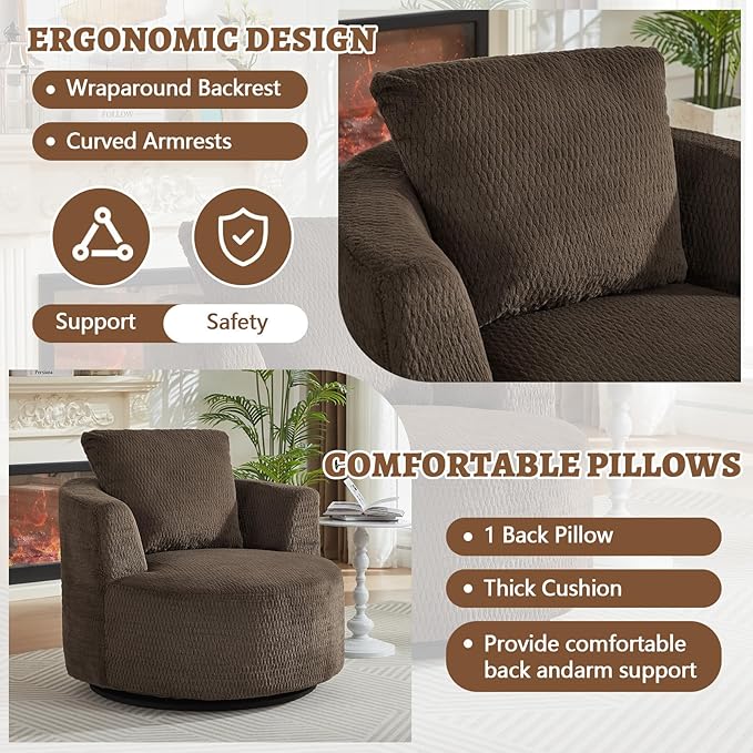39.4 Wide Swivel Accent Chair Modern 360° Rotating Barrel Chair with Metal Base Club Single Sofa Chenille Armchair for Living Room Bedroom Reading Room Office (Dark Brown)