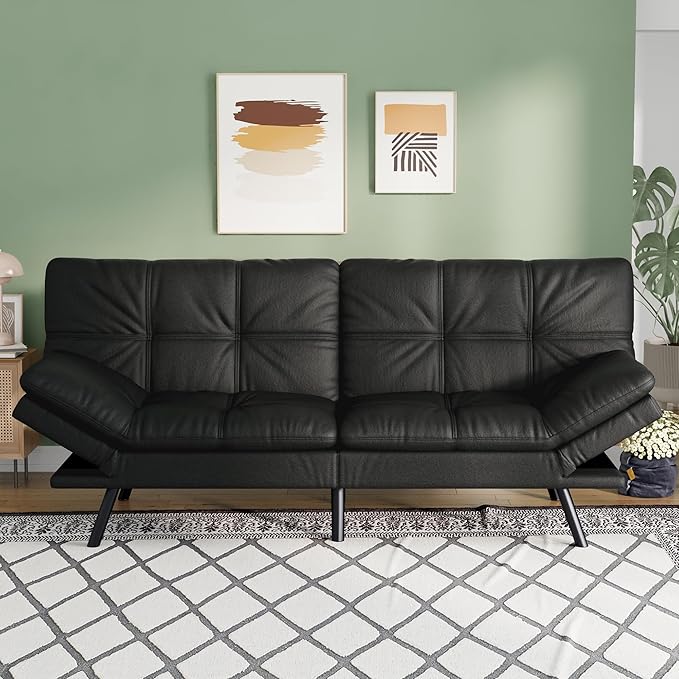 Opoiar 71 L Covertible Futon Sofa BedFaux Leather Futon Couch Memory Foam Modern Loveseat Sleeper Small Splitback Sofa Couches for Living RoomRVHome OfficeApartmentMatte Black