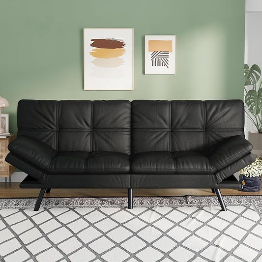 Opoiar 71 L Covertible Futon Sofa BedFaux Leather Futon Couch Memory Foam Modern Loveseat Sleeper Small Splitback Sofa Couches for Living RoomRVHome OfficeApartmentMatte Black