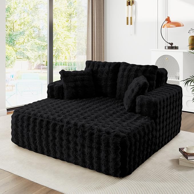 56 W Oversized Chaise Lounge Chair IndoorPlush Faux Fur Sleeper Couch Sofa Bed with PillowsFluffy Comfy Cloud SofaCompression Foam Boneless Couch for Living RoomBedroom(Bubble Black)