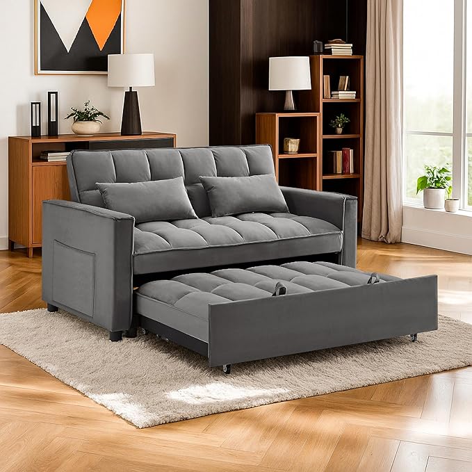 3 in 1 Convertible Sleeper Sofa BedFuton Loveseat Couch with Pull-Out Bed &amp Adjustable BackrestVelvet Fabric Sofa with Side Pocket for Small Apartment Living Room Office (Dark Grey)