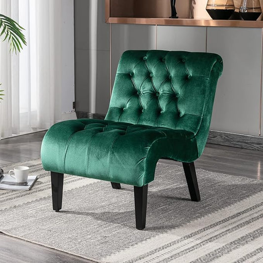 Yoluckea Modern Upholstered Accent Chair S-Shape Armless Lounge Chair for Bedroom Living Room Comfy Velvet Chaise Chairs with Button Tufted Back and Solid Wood Legs Green