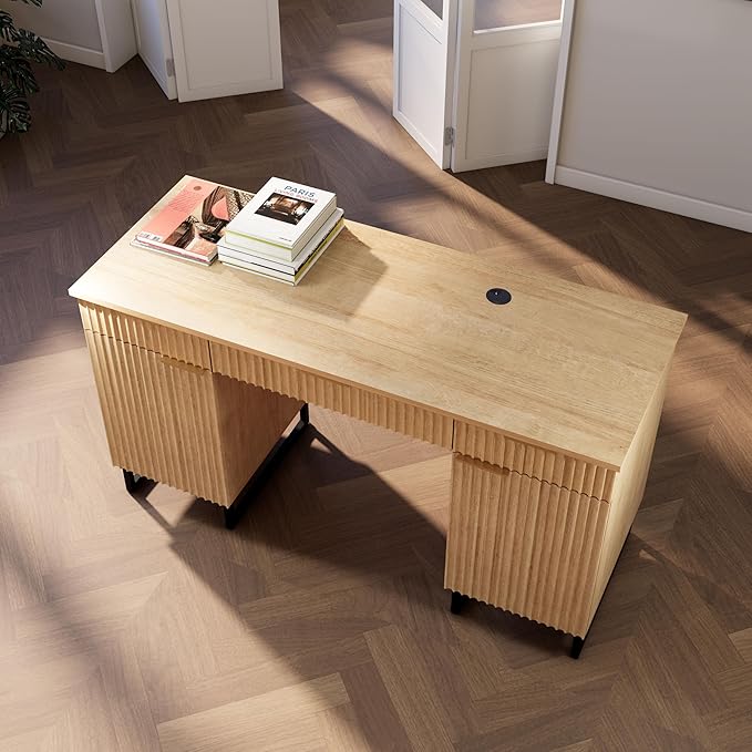 55 Fluted Executive Desk with File DrawerWooden Computer Desk with StorageLight Wood Modern Office Desk for Work and StudyingNatural Oak (1 Natural Oak)