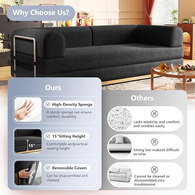 Folding Boneless Couch Convertible Sleeper Sofa Bed Futon Lounge Chair Boneless Corduroy Loveseat with Pull Out Bed Floor Sofa Modular Couch for Living Room Basement Movie Theater RoomBlack