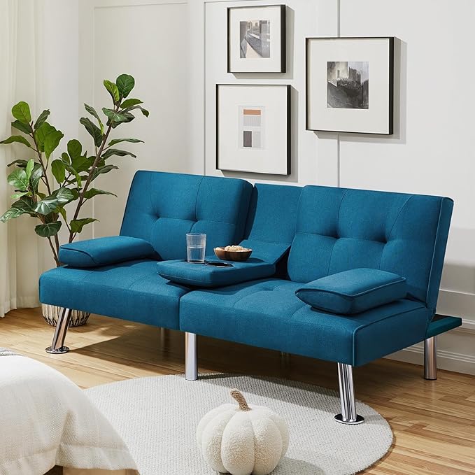 Yaheetech Convertible Sofa Bed Adjustable Fabric Couch Sleeper Modern Recliner Reversible Loveseat Folding Daybed Guest Bed Removable Armrests Cup Holders 3 Angles 772lb Capacity Aqua Blue