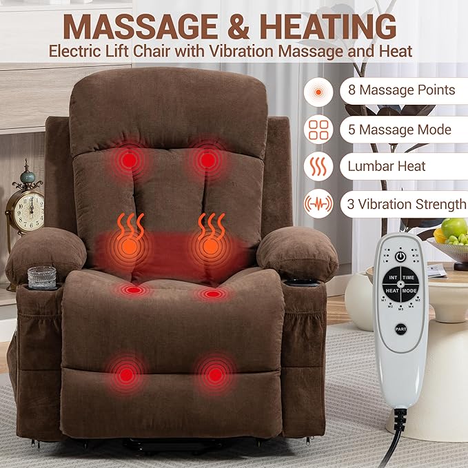 Power Lift Recliner Chair for Elderly People w/Vibration Massage and Lumbar Heat Oversized Recliner Chair Sofa for Adult with Cup Holder USB Charge Port for Living Room Bedroom Brown