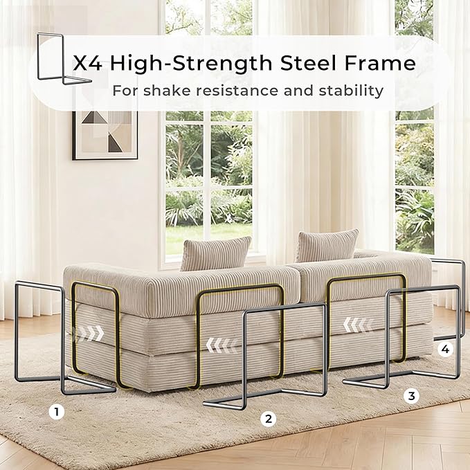WELAX 77 Convertible Sleeper Sofa Bed Boneless Cloud Queen Futon Couches with 2 Pillows &amp Removable Armrests Corduroy Folding Floor Couch No Assembly for Bedroom Living Room Light Grey