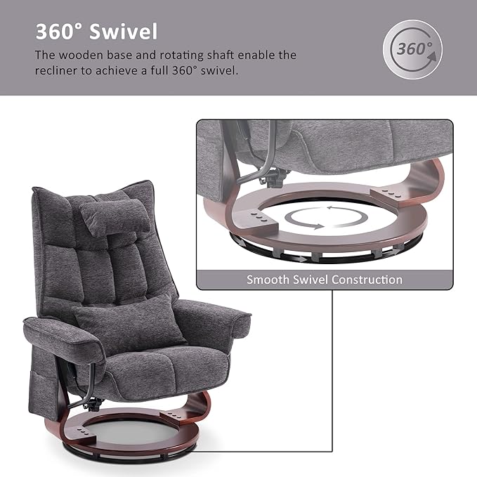 MCombo Swivel Recliner with Ottoman TV Chair Sets with Vibration Massage Ideal for Small Space Living Room &amp Bedroom 4188 (Grey)