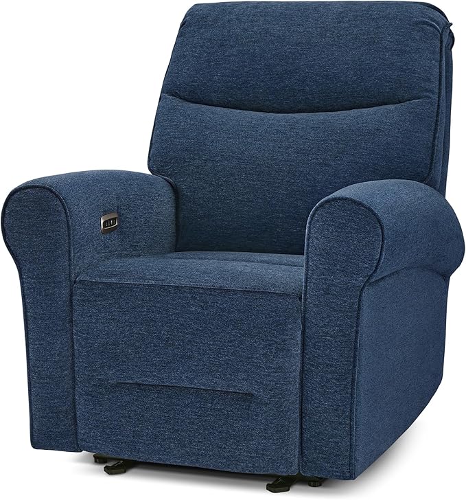 MCombo Compact Wall Hugger Power Recliner Chair for Small Spaces Dual USB-A/C Ports Rolled Arm Recliner for Living Room &amp RV Fabric PR520 (Fabric Navy Blue Small)
