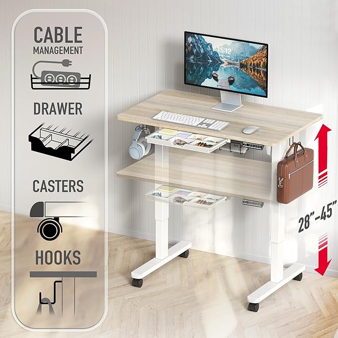 SHW 40-Inch Mobile Electric Height Adjustable Sit to Stand Desk with Drawer Hanging Hooks and Cable Management Maple