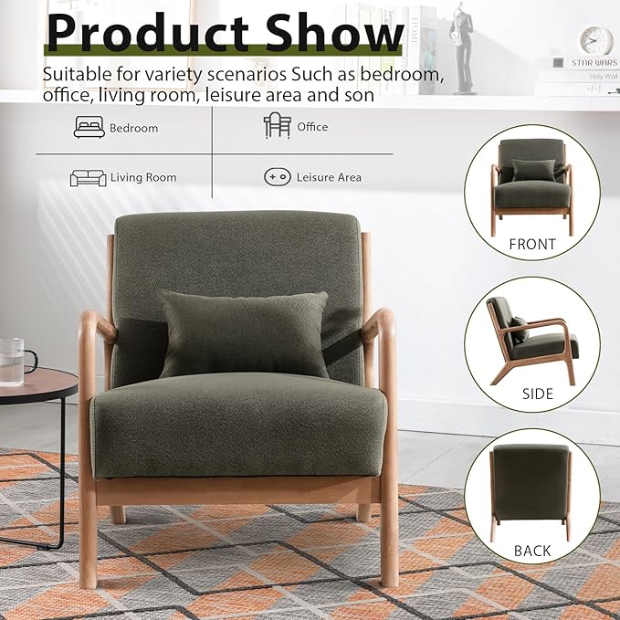 INZOY Mid-Century Modern Accent Chair Set of 2 Green Reading Armchair with Waist Cushion Upholstered Living Room Chairs for Bedroom Sunroom