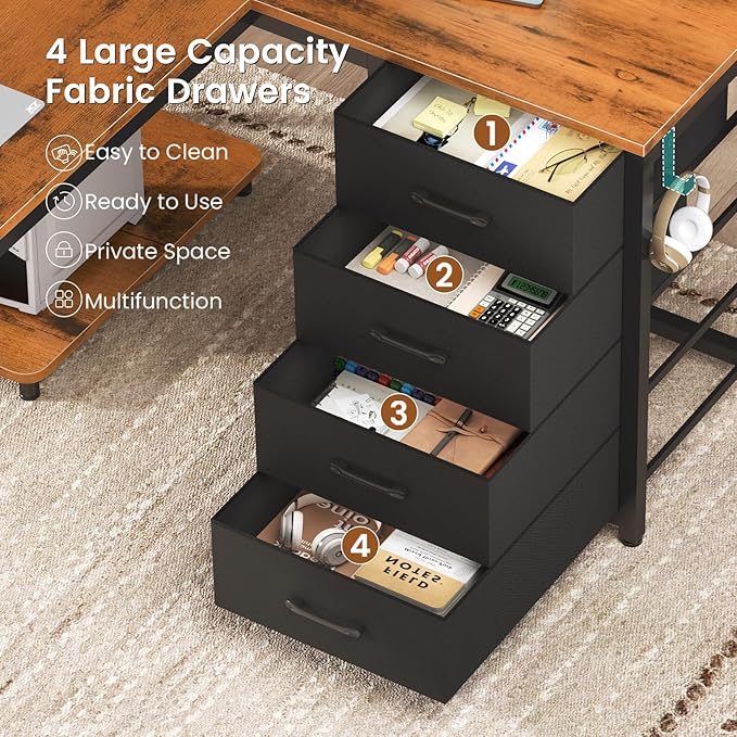 L Shaped Desk 67 Reversible Computer Desk with 4 Fabric Drawers and Power Outlet Corner U Shaped Desk with Shelf and Pegboard for Home Office Rustic Brown