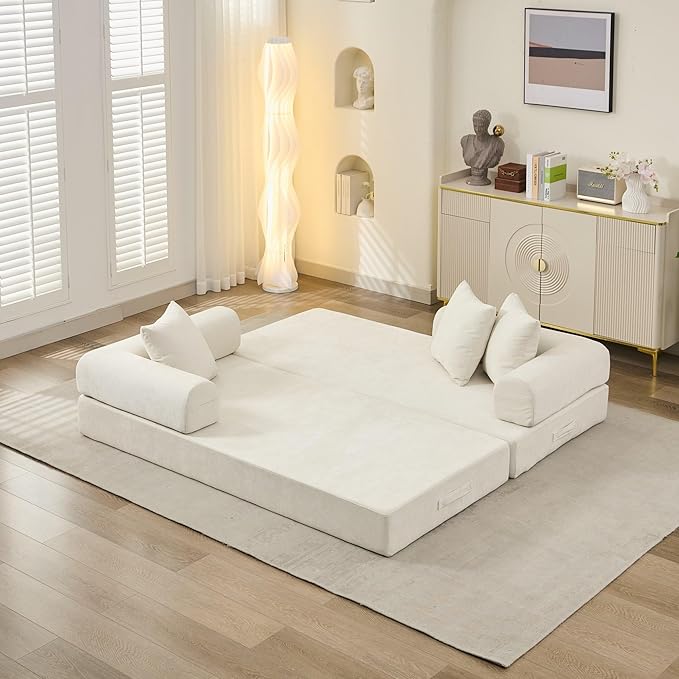 Convertible Folding Sofa Bed Modular Floor Couch 78.8‘’ Cloud Sleeper Sofa with Removable Backrest Chenille Foldable Mattress Couch Lazy Loveseat for Small Space Apartment Bedroom Beige