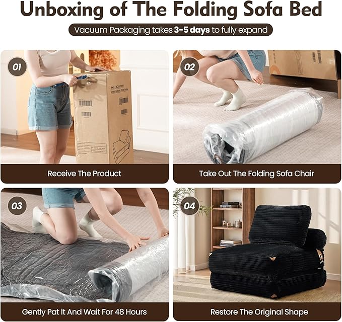 ovios Folding Sofa Bed Foldable Sleeper Chair Floor Futon Comfy Portable Convertible Fold Out Lounge Chairs for Living Room Bedroom Black